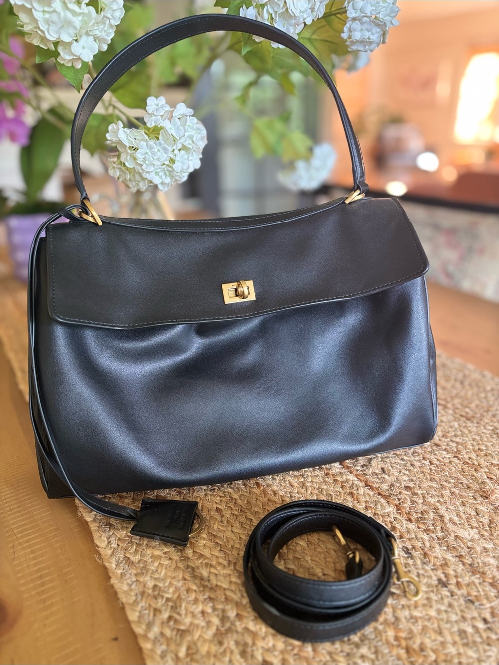 Black Leather Top-Handle Shoulder Bag